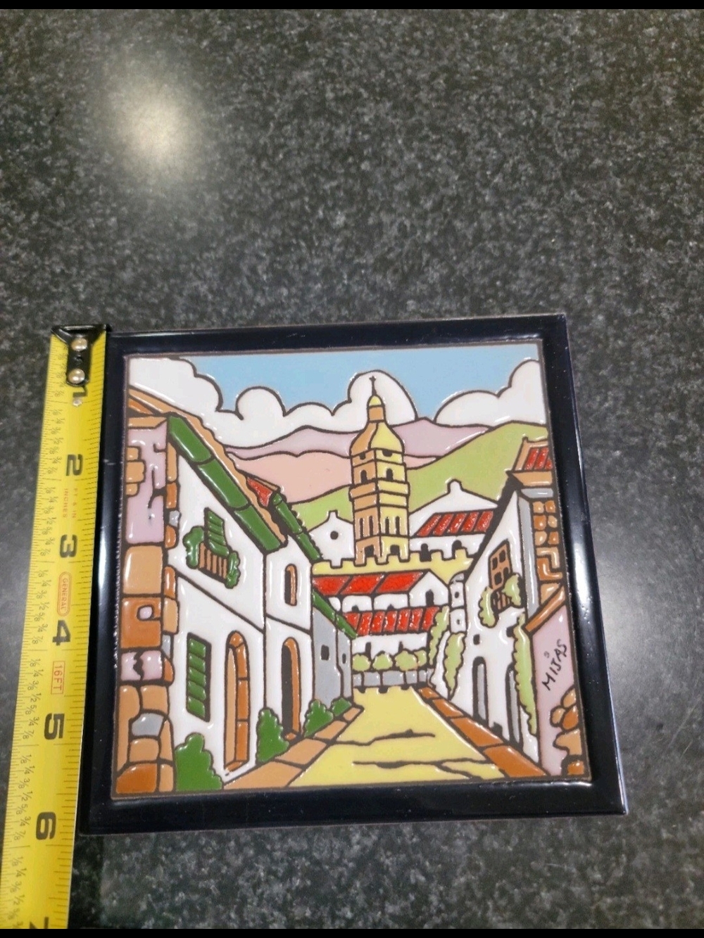 Mijac Signed Glazed Ceramic Townscape Wall Tile Plaque, Glossy, 6x6 in - Picture 2 of 5